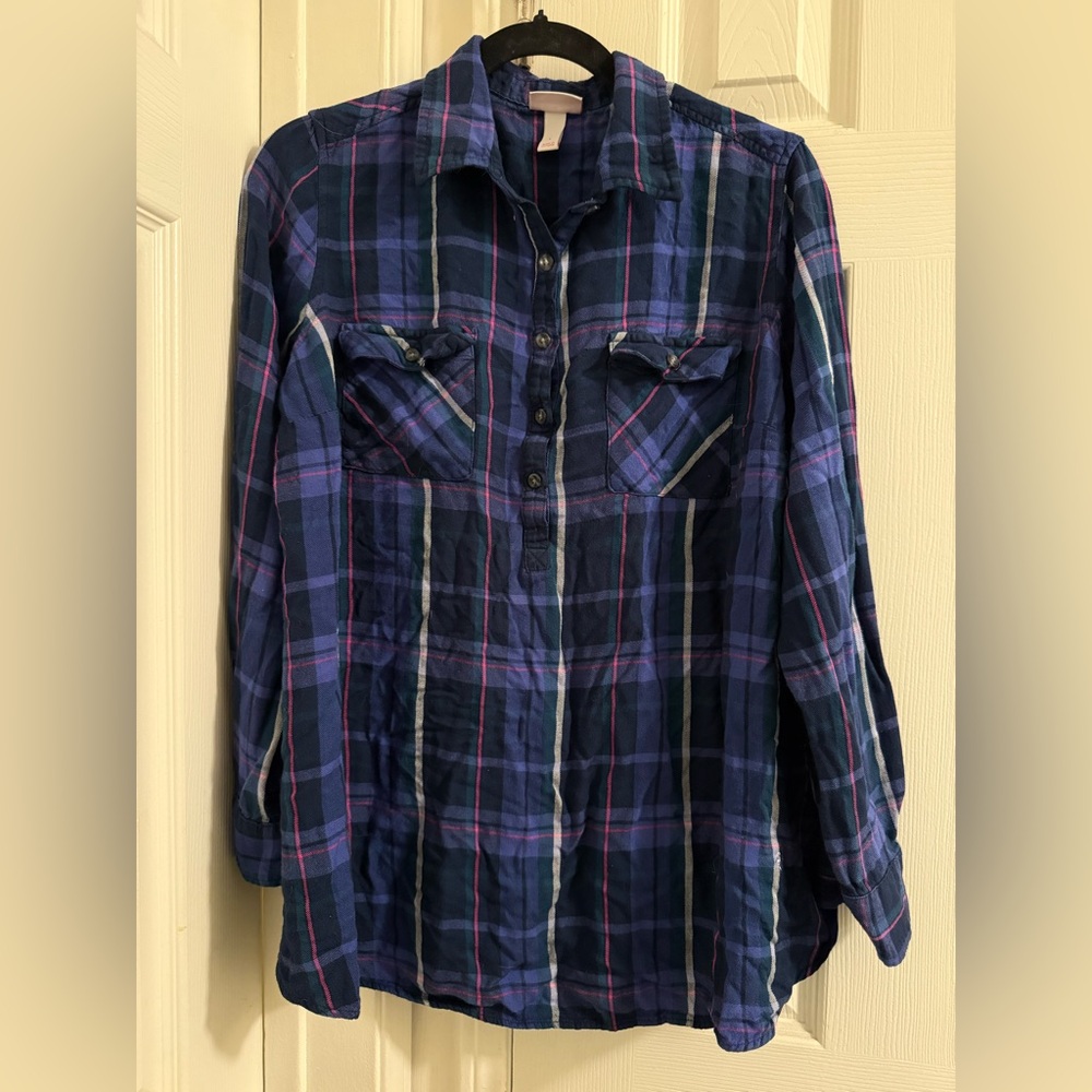 Ingrid & Isabel Maternity L Blue Plaid Half Button-Up Shirt Tunic